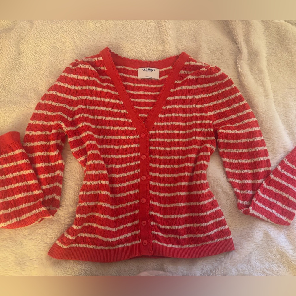Old Navy Women's Red and White Striped Cardigan
